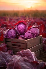 Red Cabbage harvested in a wooden box with field and sunset in the background. Natural organic fruit abundance. Agriculture, healthy and natural food concept. Vertical composition.