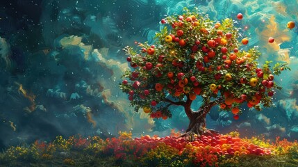 Vibrant Red-Apple Tree in Enchanted Garden under Starry Night - Digital Art Wallpaper