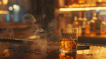 Evening Relaxation: A cozy image depicting the glass of whiskey or cognac resting on the bar counter, with the cigar emitting fragrant smoke in the background. Generative AI - obrazy, fototapety, plakaty