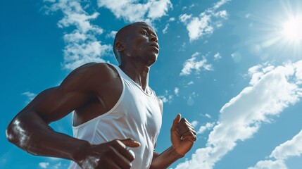 View from below of a Black gentleman runner triumphing in a competition with a clear blue sky backdrop.
