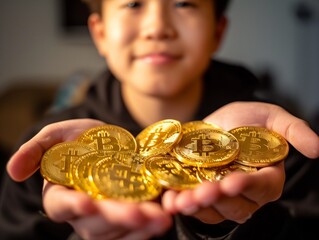 Boy with Wealth, Holding Bitcoin Coins.