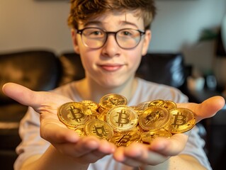 Boy with Wealth, Holding Bitcoin Coins.