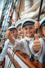 Group of children doing their dream job as Sailors on the ship board. Concept of Creativity, Happiness, Dream come true and Teamwork.