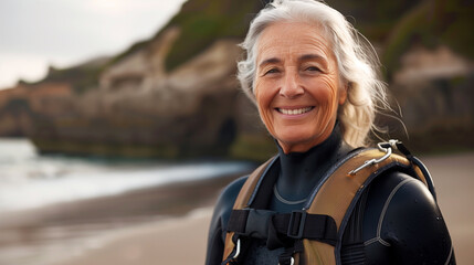 senior woman in diving full wetsuit smiling to camera on a beach