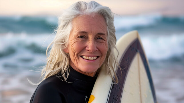 portrait of a 70 year-old beautiful white haired woman at the be