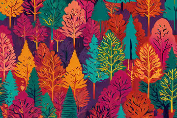 Risograph-style prints. Stylized trees on vibrant, multicolored backgrounds. Seamless pattern design