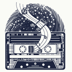 Music tattoo. Audio cassette type, musical notes and universe tattoo. Symbol of retro nostalgia, 80th and 90th. disco t-shirt design  concept