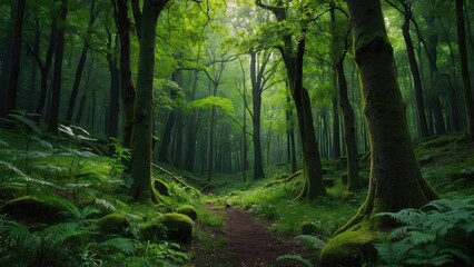 Obraz premium green fern with river, landscape picture of forest