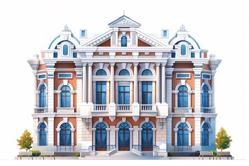 Fototapeta premium Urban cityscape with buildings featuring various facades, including a theater, museum, hospital, school, and supermarket.