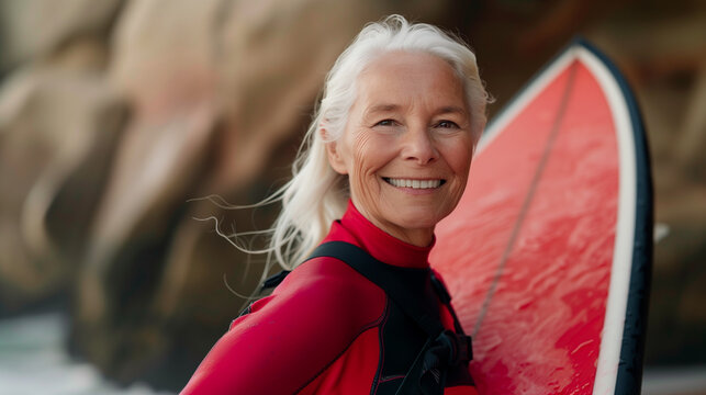 portrait of a 70 year-old beautiful white haired woman at the be