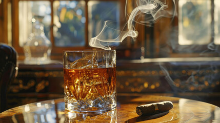 Gentleman's Retreat: An intimate image showcasing the glass of whiskey or cognac and the smoking cigar as essential elements of a gentleman's ritual. Generative AI - obrazy, fototapety, plakaty