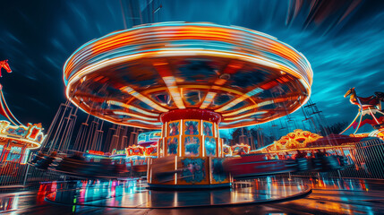 Theme park or amusement park in motion, long exposure. Ferris wheel, carrousel and fun at night. Entertainment park for families and children.
