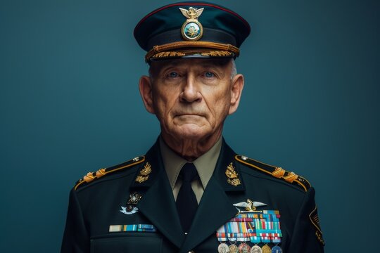 Senior army general with medals in dress uniform displaying solemnity