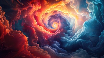 3D render of a glowing vortex featuring swirling clouds of vibrant colors, ranging from deep blues to bright reds and oranges The center of the vortex is illuminated by a glowing golden - obrazy, fototapety, plakaty