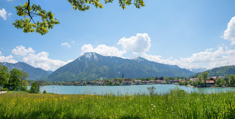 beautiful view to Rottach-Egern tourist resort and Wallberg, spring landscape lake Tegernsee
