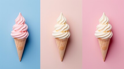 Various flavors of ice cream on a colorful background. Summer concept.