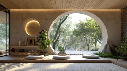 Fototapeta premium Beautifully designed Chinese Zen style interior space with a circular window, green plants, and a round stone platform Natural light illuminates the white walls creating a warm atmosphere