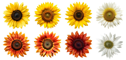 Collection set of sunflower sunflowers plant with leaf leaves flower floral top view on transparent background cutout, PNG file. Mockup template artwork graphic design