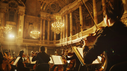 Musicians immersed in passion, playing in an opulent concert hall setting.