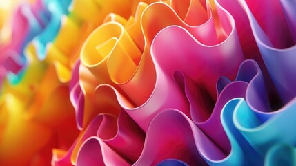 3D rendered image features a colorful abstract background with wavy paper shapes and bright, cheerful pastel colors The high-resolution, professional photograph showcases a close-up shot