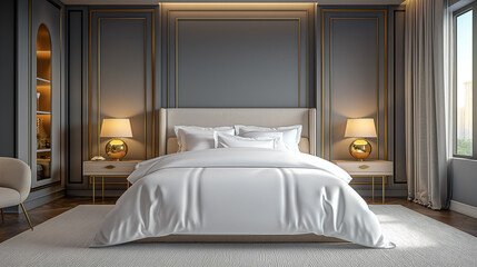 design of a modern expensive hotel room in light colors with white linens, gold fittings and lamps