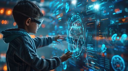 Fototapeta premium Young boy wearing futuristic glasses interacts with vibrant holographic screens and digital data, showcasing the future of technology in education and AI research for children learning