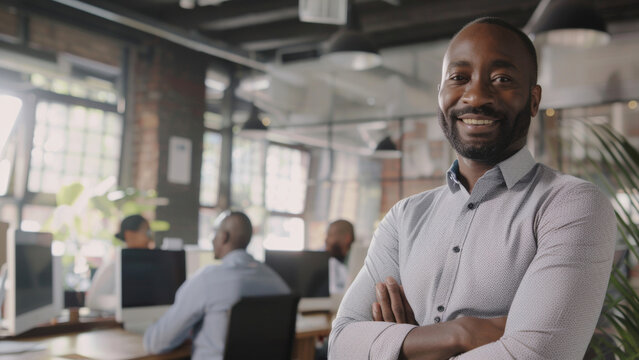 Confident businessman with a welcoming smile, standing in a modern office space.