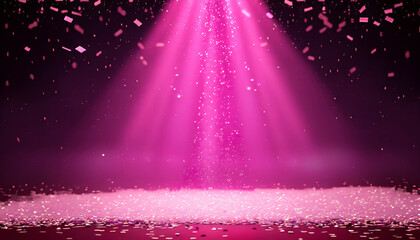 Pink confetti rain on festive stage with light beam in the middle, empty room at night mockup with copy space for award ceremony, jubilee, New Year's party or product presentations - obrazy, fototapety, plakaty