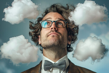 Distributed Cloud and Cloud Computing User Concept with Man with Fascial Hair and Glasses Looking up with His Head among Clouds