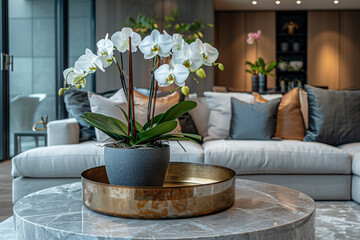 gray marble coffee table with an orchid in the living room in a modern style in gray tones