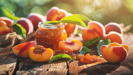 Summer bounty of peaches and homemade jam bathed in warm sunlight on a rustic table. - obrazy, fototapety, plakaty