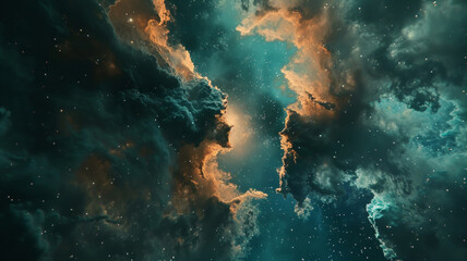 Fototapeta na wymiar Cosmic clouds collide in a majestic nebula, with colors that blaze like a celestial inferno.
