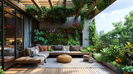 modern living room with a beautiful garden view - obrazy, fototapety, plakaty