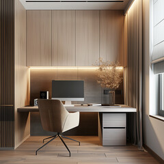 design of a workspace in the corner of a room with a modern desk, chair and computer