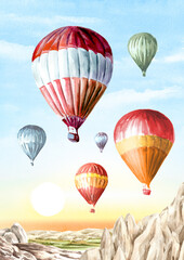 Fototapeta na wymiar Colorful Air Balloons at Сappadocia, Turkey. Hand drawn watercolor illustration