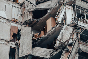 destroyed and burned houses in the city during the war in Ukraine