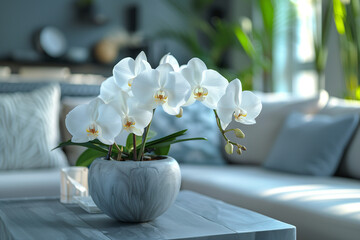 white orchid on a coffee table near a gray sofa