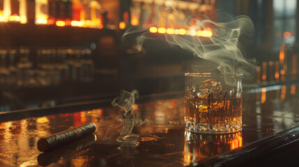 Mood Lighting: An atmospheric image with soft, diffused lighting casting gentle shadows across the bar counter, enhancing the ambiance and allure of the scene as the glass of whiskey. Generative AI