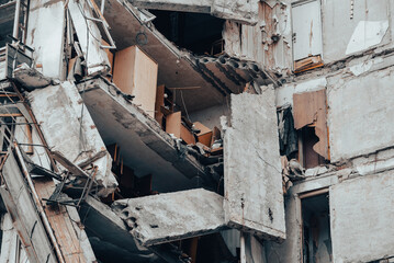 destroyed and burned houses in the city during the war in Ukraine