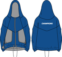 Sports Hoodie blouson jacket design flat sketch Illustration, Hooded utility jacket with front and back view, winter jacket for Men and women. for hiker, outerwear and workout in winter