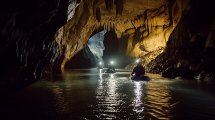 Friends navigating a thrilling underground river in a dark cave, with only headlamps illuminating their path.