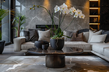 stone coffee table with an orchid in the living room in a modern style in gray tones with granite...