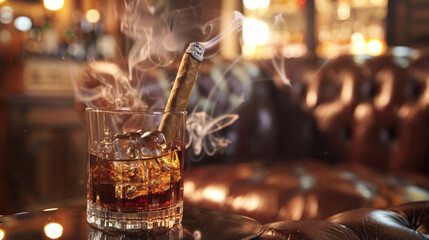 Fototapeta na wymiar Refined Taste: A close-up image focusing on the details of the whiskey or cognac glass, highlighting the clarity of the liquor, the glistening ice cubes, and the intricate patterns of the cigar smoke.