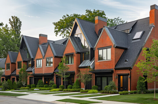 Row of brick condos or townhouses with bay windows beside street.