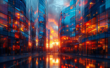 Naklejka premium Beautiful sunset reflection in the glass facade of modern building