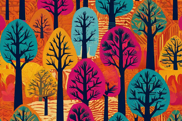 Risograph-style prints. Stylized trees on vibrant, multicolored backgrounds. Seamless pattern design