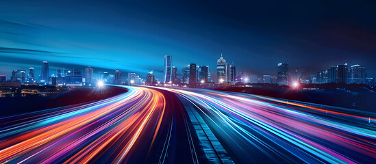 Fototapeta na wymiar Abstract cityscape background featuring a night highway with illuminated road lights, capturing the motion of traffic. The image has a long exposure, creating a dynamic and blurred effect.