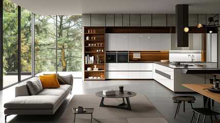 kitchen studio design in light colors with a sofa and dining table in a modern style