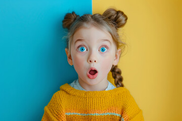 A child girl with blue eyes and blonde hair looking at the camera with an open mouth, as if she is surprised or shocked. girl with a surprised facial expression, wearing a bright sweater in blue wall