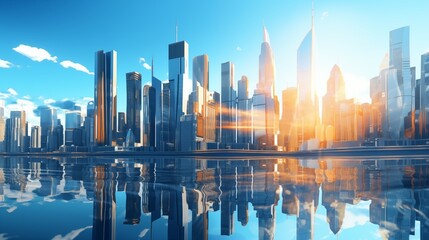 A breathtaking view of a modern skyscraper landscape in a futuristic financial district, bathed in warm sunlight, with buildings and reflections creating a dynamic corporate template against a vivid b - obrazy, fototapety, plakaty
